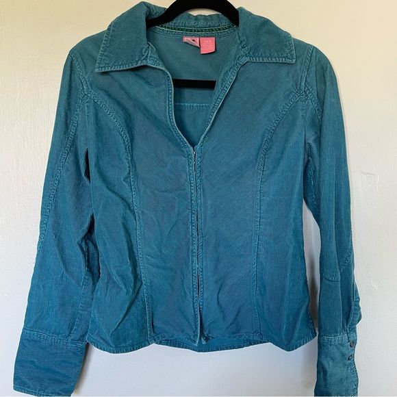Tops Ribbed Corduroy Teal Long Sleeve Zip Up Collared Jacket Shirt
